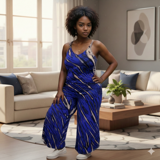 Woman in a blue tie dye jumpsuit standing in a modern living room.