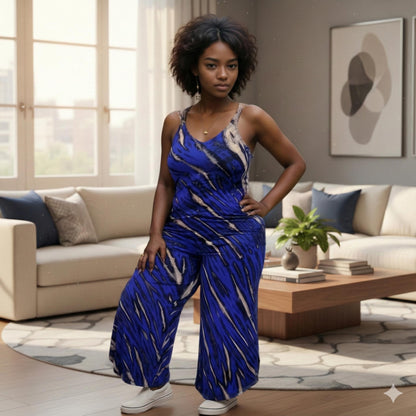 Woman in a blue tie dye jumpsuit standing in a modern living room.