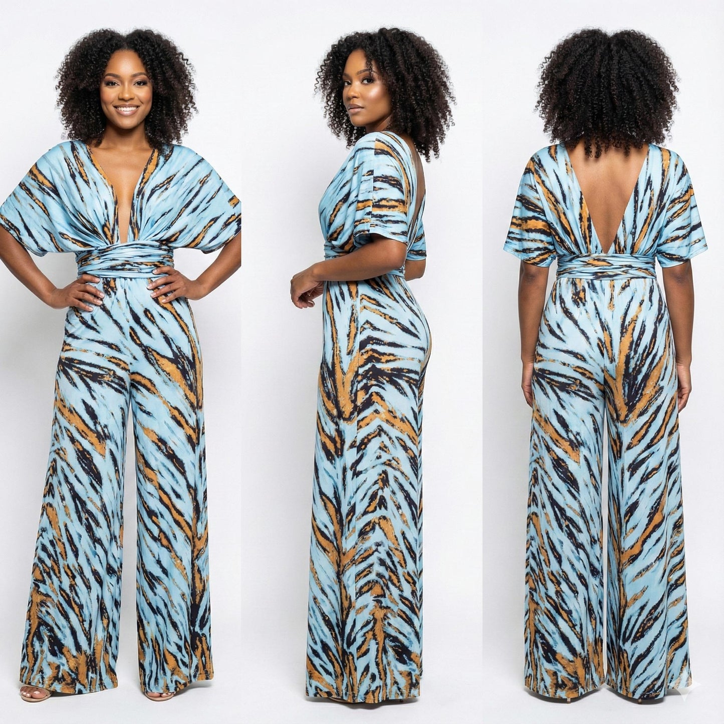Woman wearing a blue and orange patterned jumpsuit from front, side, and back views on a white back