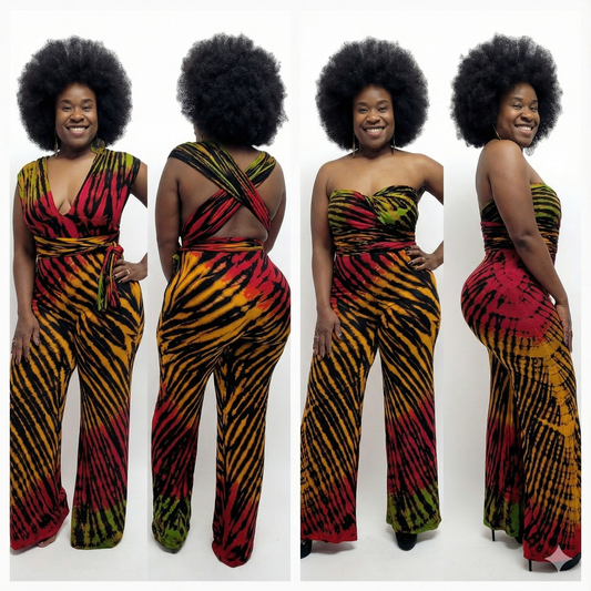 Woman modeling a colorful infinity jumpsuit with zebra print pattern on a white background