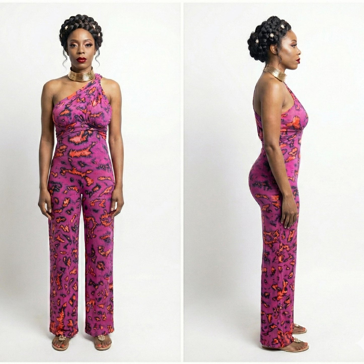 Woman wearing a pink floral jumpsuit from front and side views on a white background