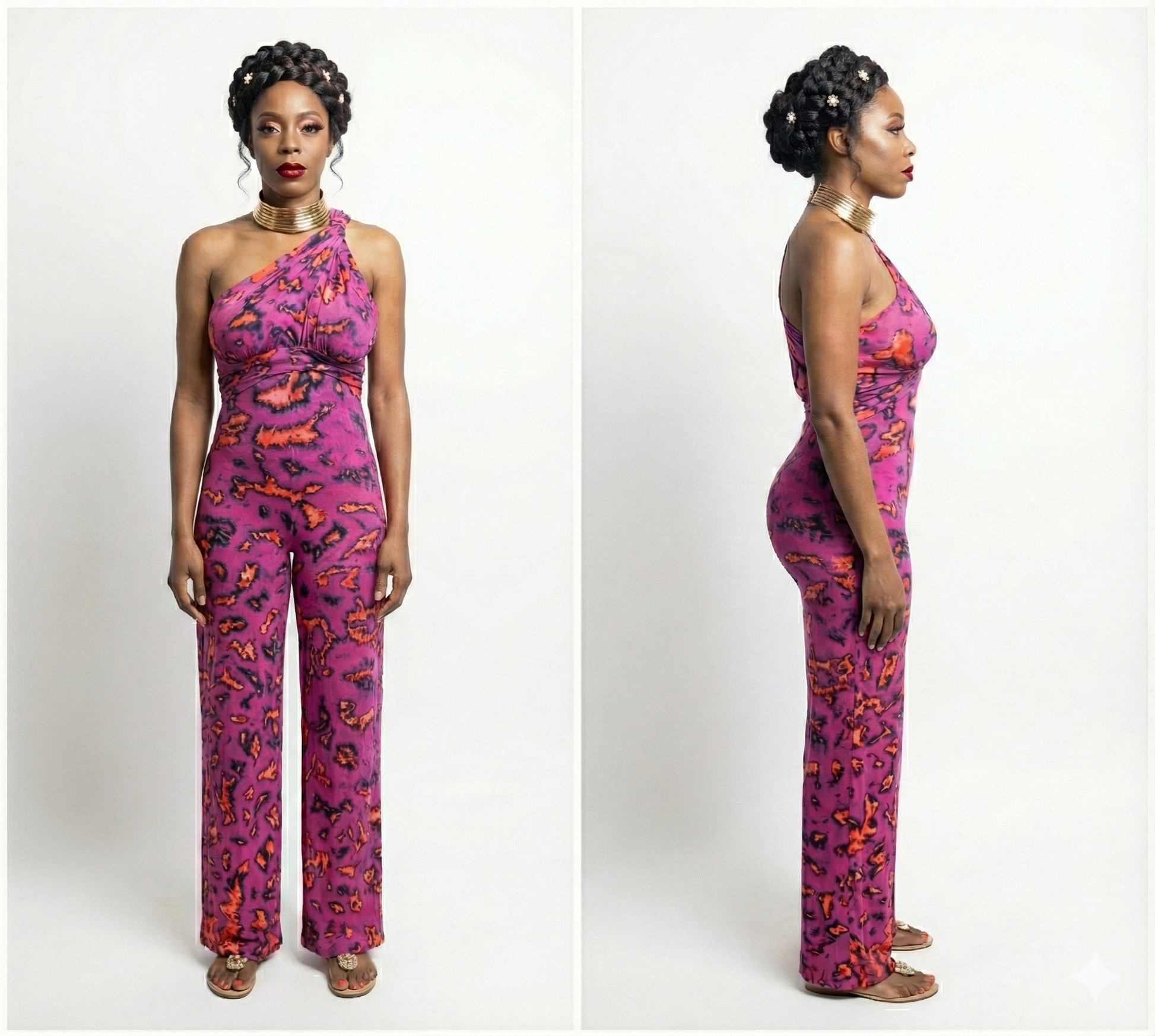 Woman wearing a pink floral jumpsuit from front and side views on a white background
