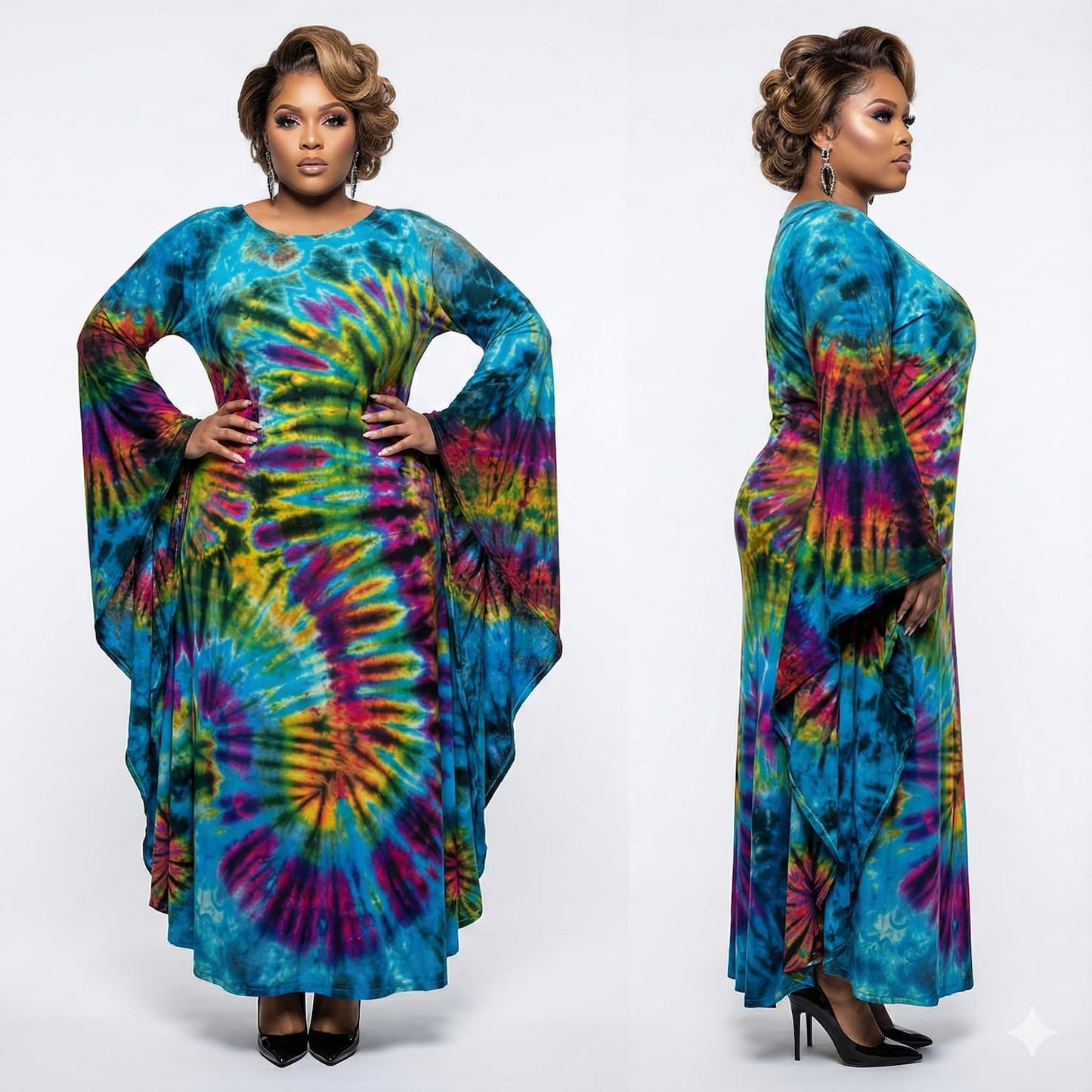 Woman wearing a colorful tie-dye dress on a white background-Sanjules