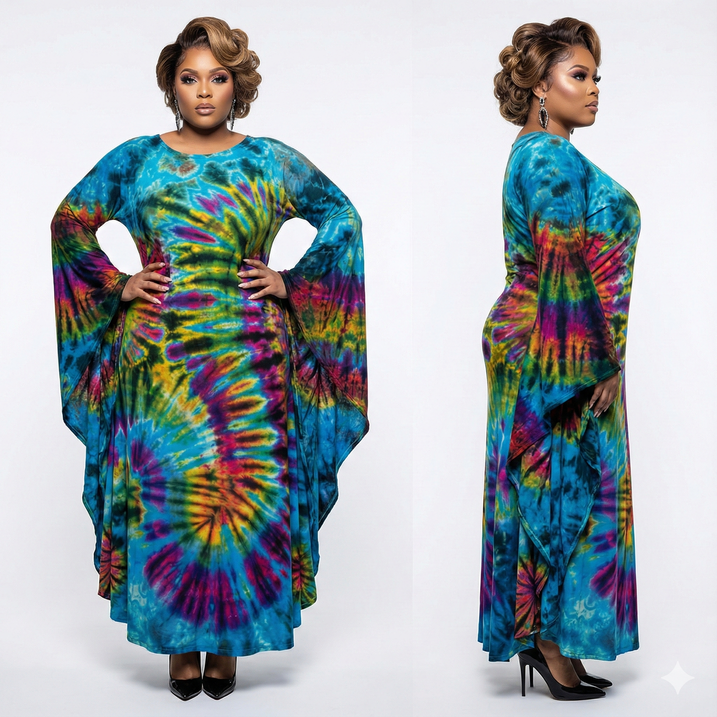 Woman wearing a colorful tie-dye dress on a white background