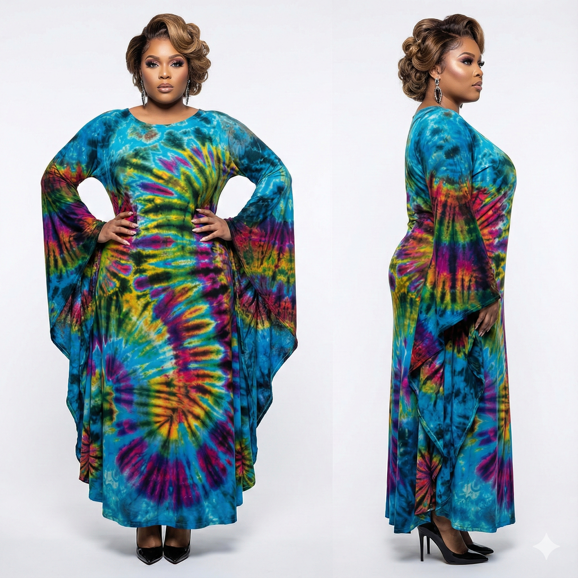 Woman wearing a colorful tie-dye dress on a white background