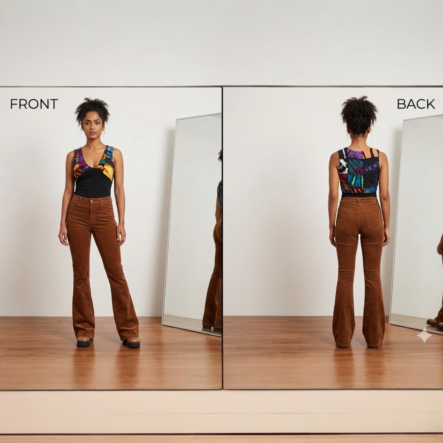 Person wearing a colorful crop top sleeve less and brown pants, shown from front and back angles.