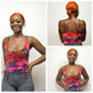 Woman wearing a colorful tie-dye tank top with denim jeans, shown from front, back, and side views.