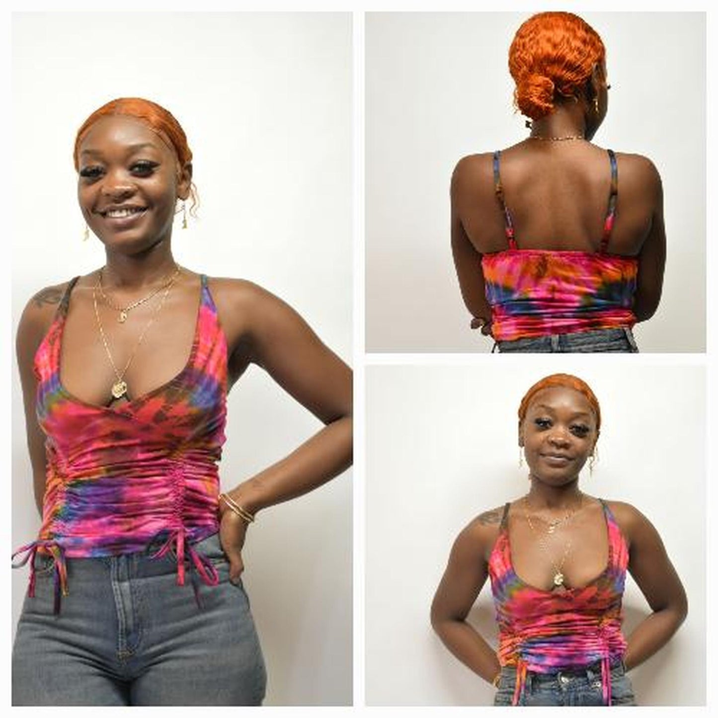 Woman wearing a colorful tie-dye tank top with denim jeans, shown from front, back, and side views.