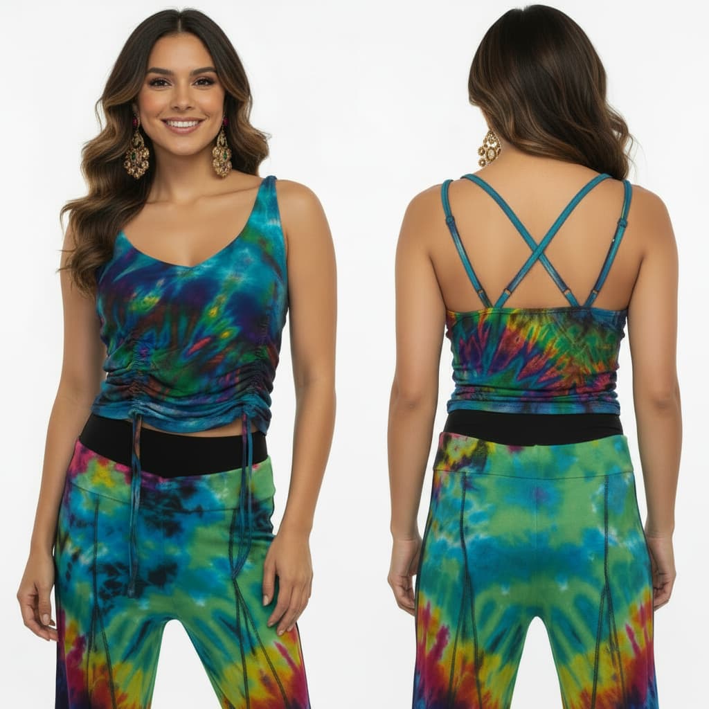 Woman wearing a colorful tie-dye spaghetti top with matching pants with a front and back view.