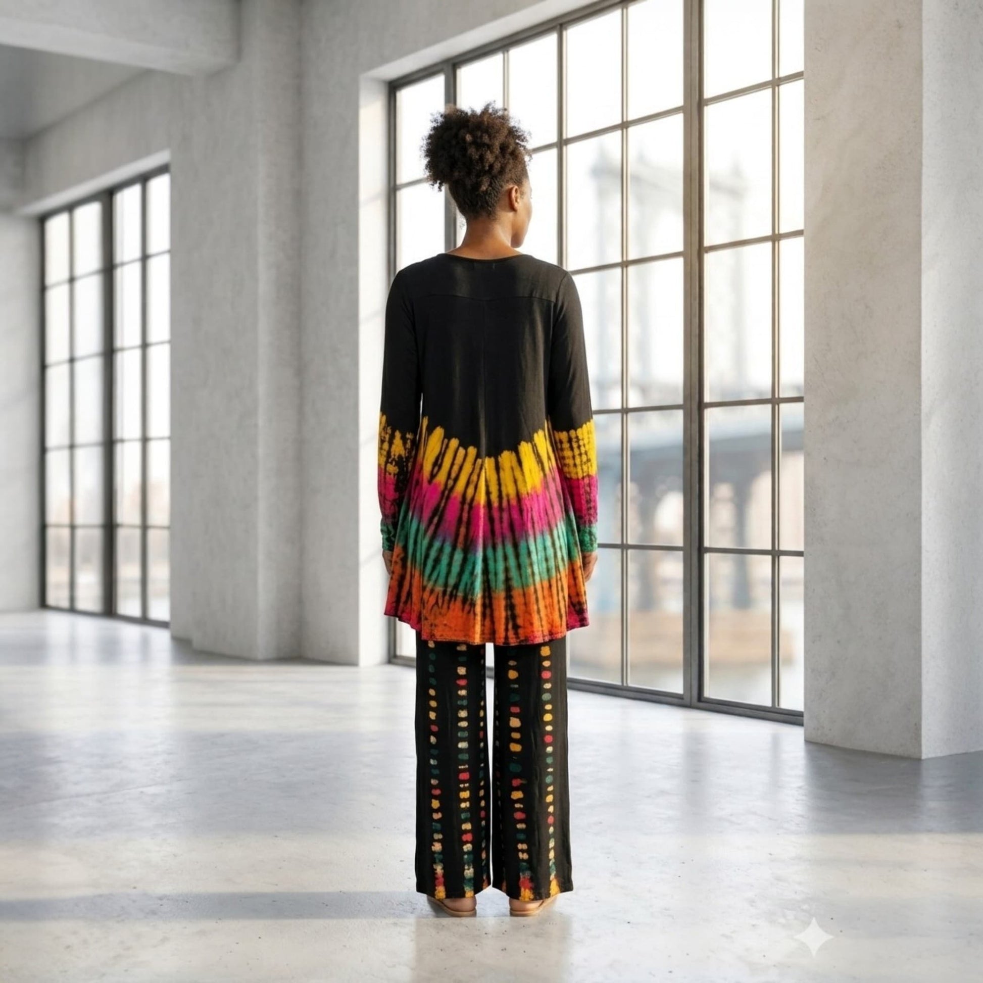 Person wearing a colorful tie-dye outfit standing in a modern indoor setting with large windows.