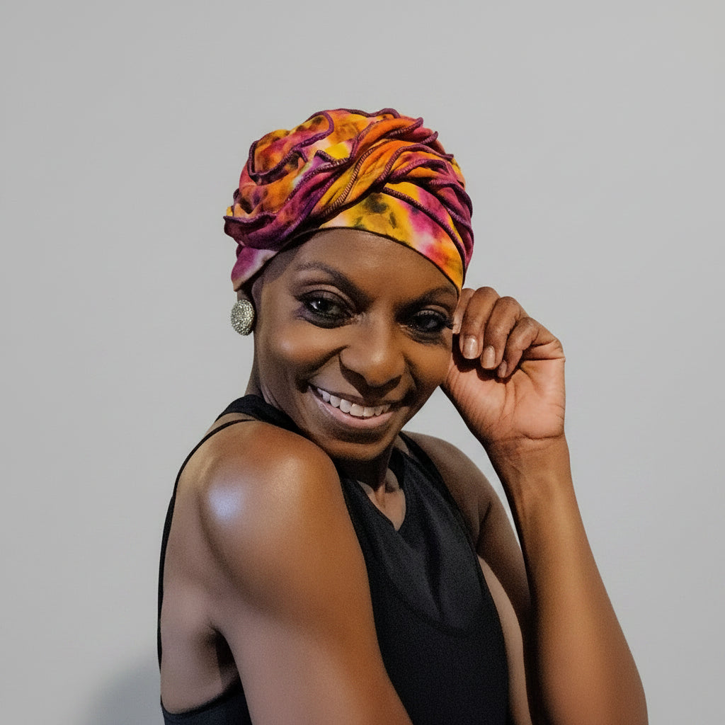 Woman wearing a tie dye hat against a grey background