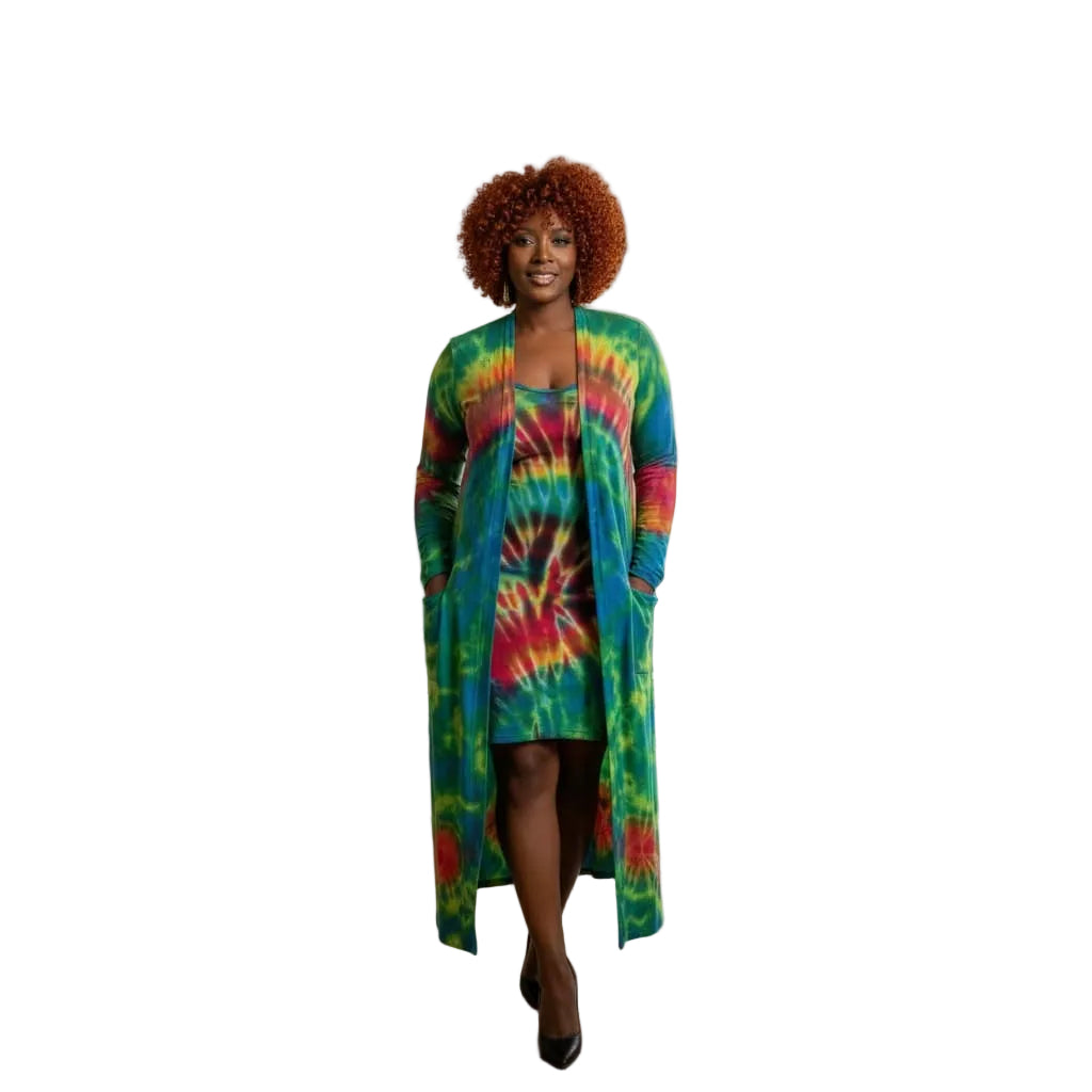 Woman in a colorful tie-dye duster over matching tie dye dress