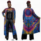 Woman wearing a colorful tie-dye long coat with a black outfit underneath, shown from front and back