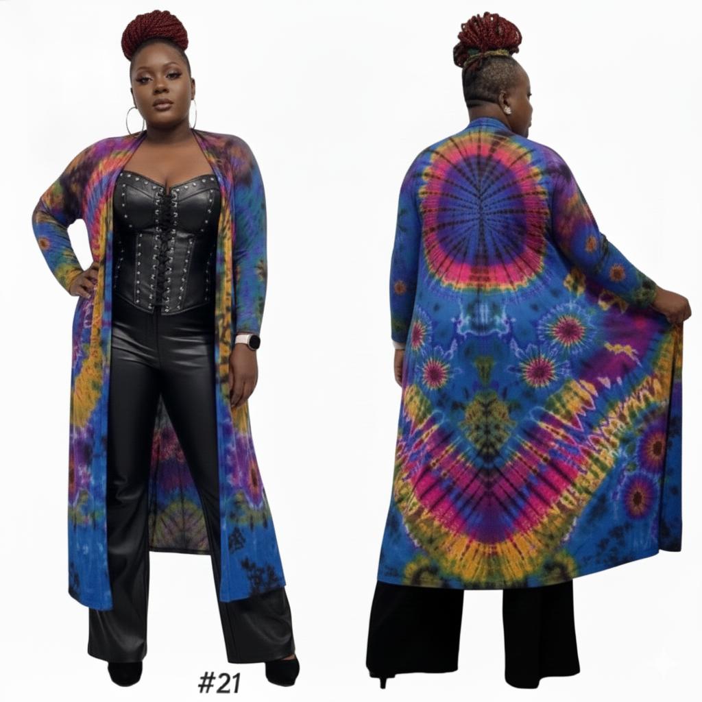 Woman wearing a colorful tie-dye long coat with a black outfit underneath, shown from front and back