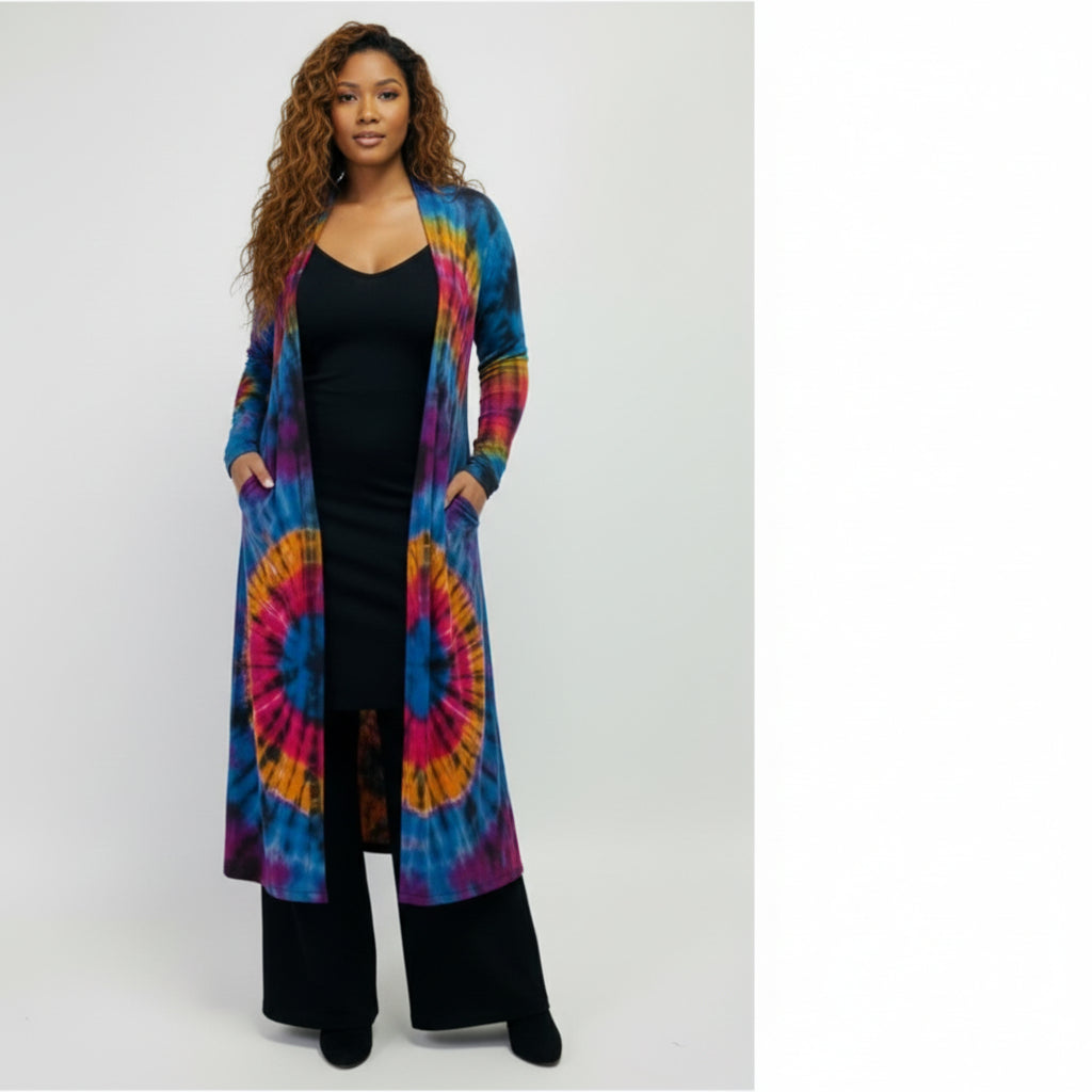 Woman wearing a tie-dye cardigan on a white background-Sanjules