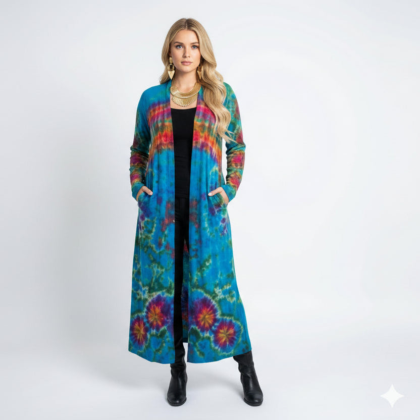 Woman wearing a tie-dye cardigan on a white background-Sanjules