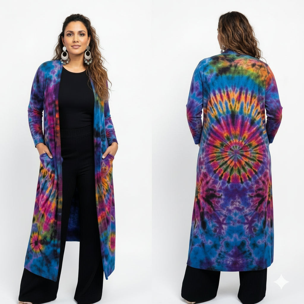 Person wearing a colorful tie-dye long cardigan on a white background-sanjules