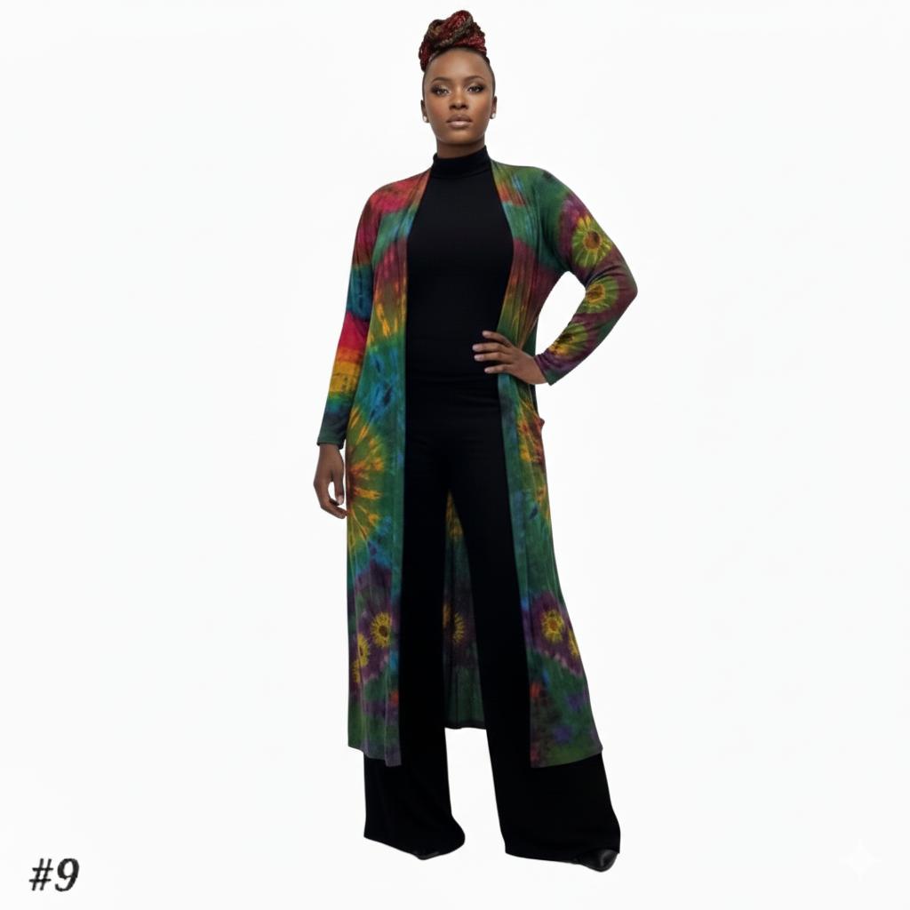 Person wearing a colorful tie-dye duster over a black outfit on a white background-Sanjules