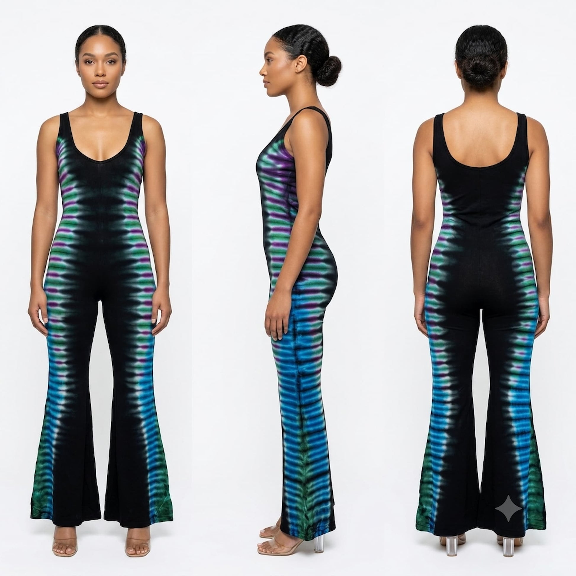 A sleeveless flared jumpsuit shown on a model from three angles: front, side, and back. 