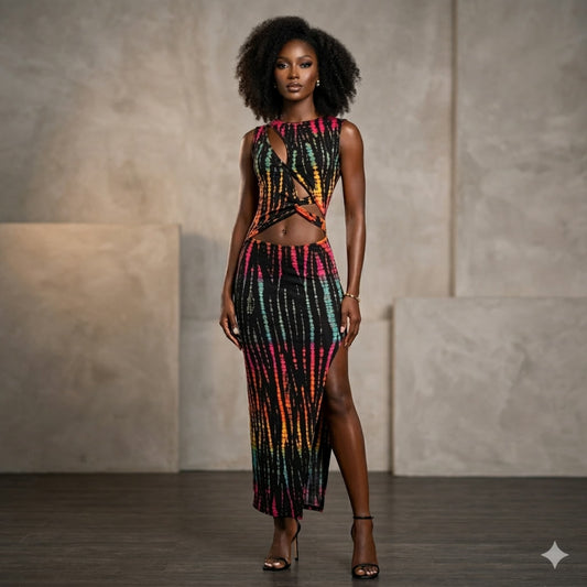 Model wearing a tie dye dress with  against a neutral background
