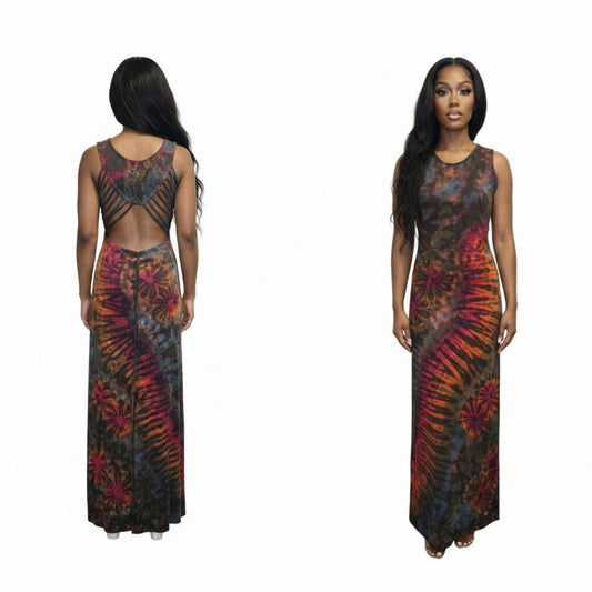 Woman wearing a colorful tie-dye dress from back and front views.