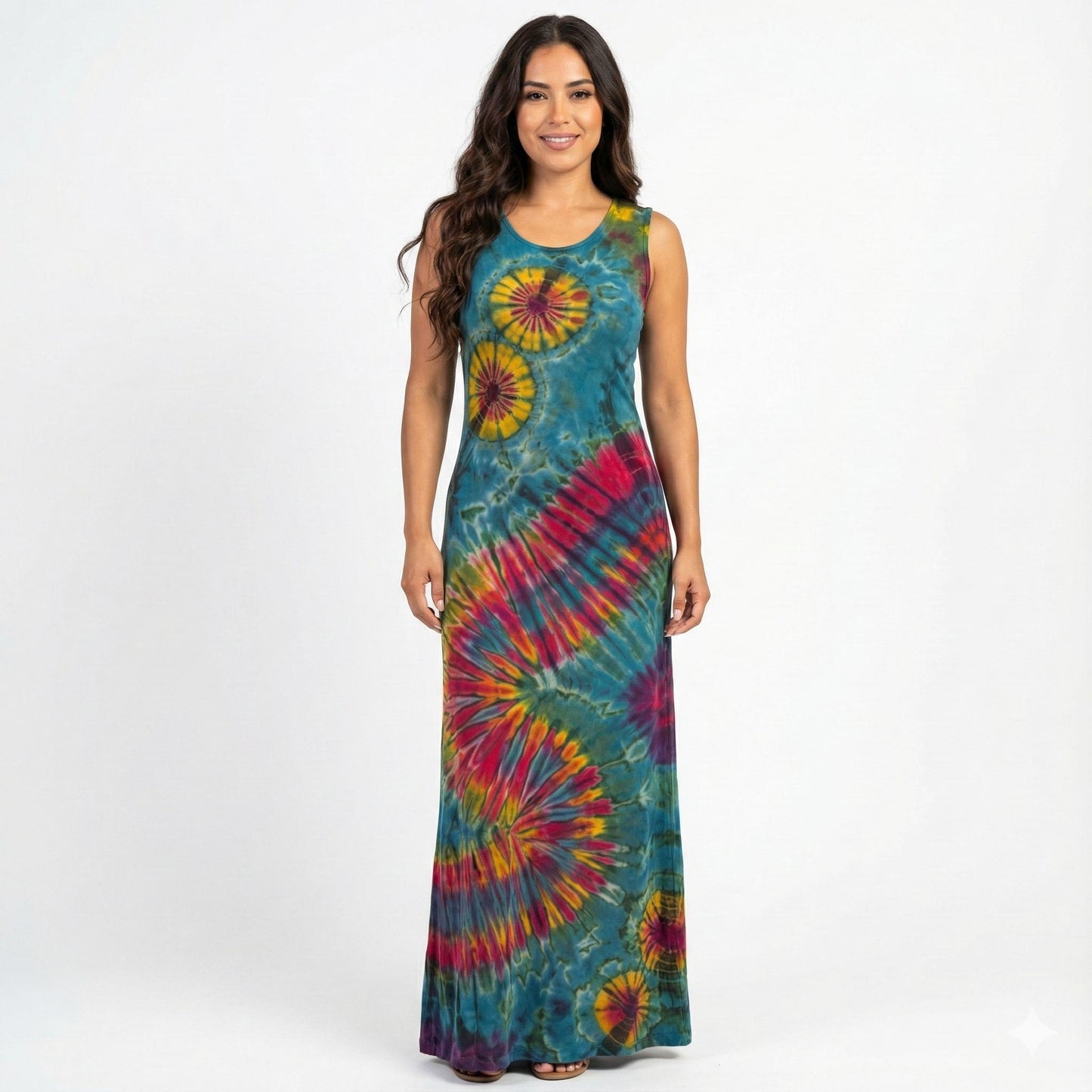 Woman wearing a tie-dye dress with a colorful pattern on a white background