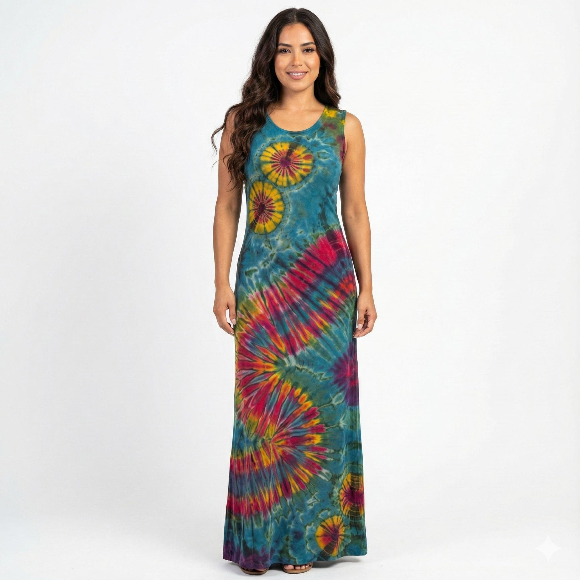 Woman wearing a tie-dye dress with a colorful pattern on a white background