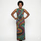 Woman wearing a tie-dye dress on a white background