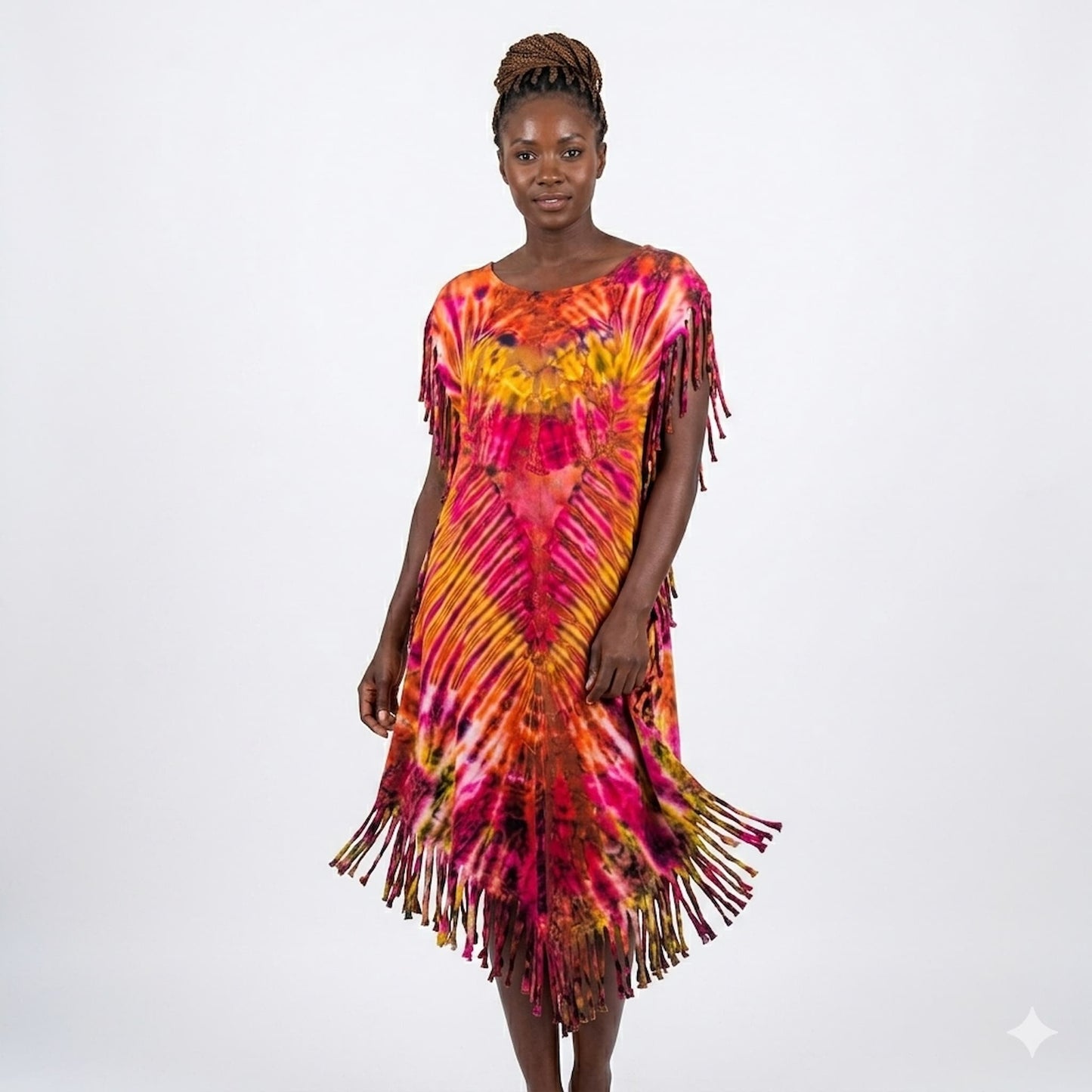 Woman wearing a colorful tie-dye dress with strips on a white background