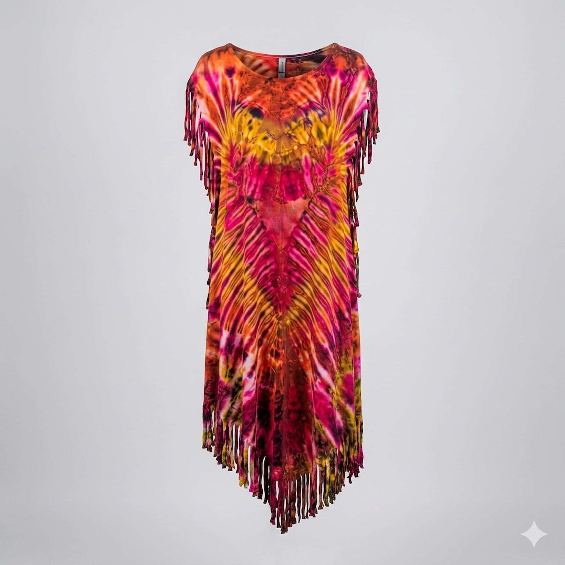 Tie-dye dress with strips details on a gray background