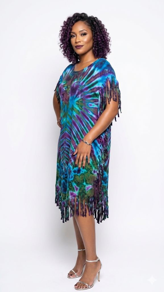 Woman wearing a colorful tie-dye dress with fringe on a white background