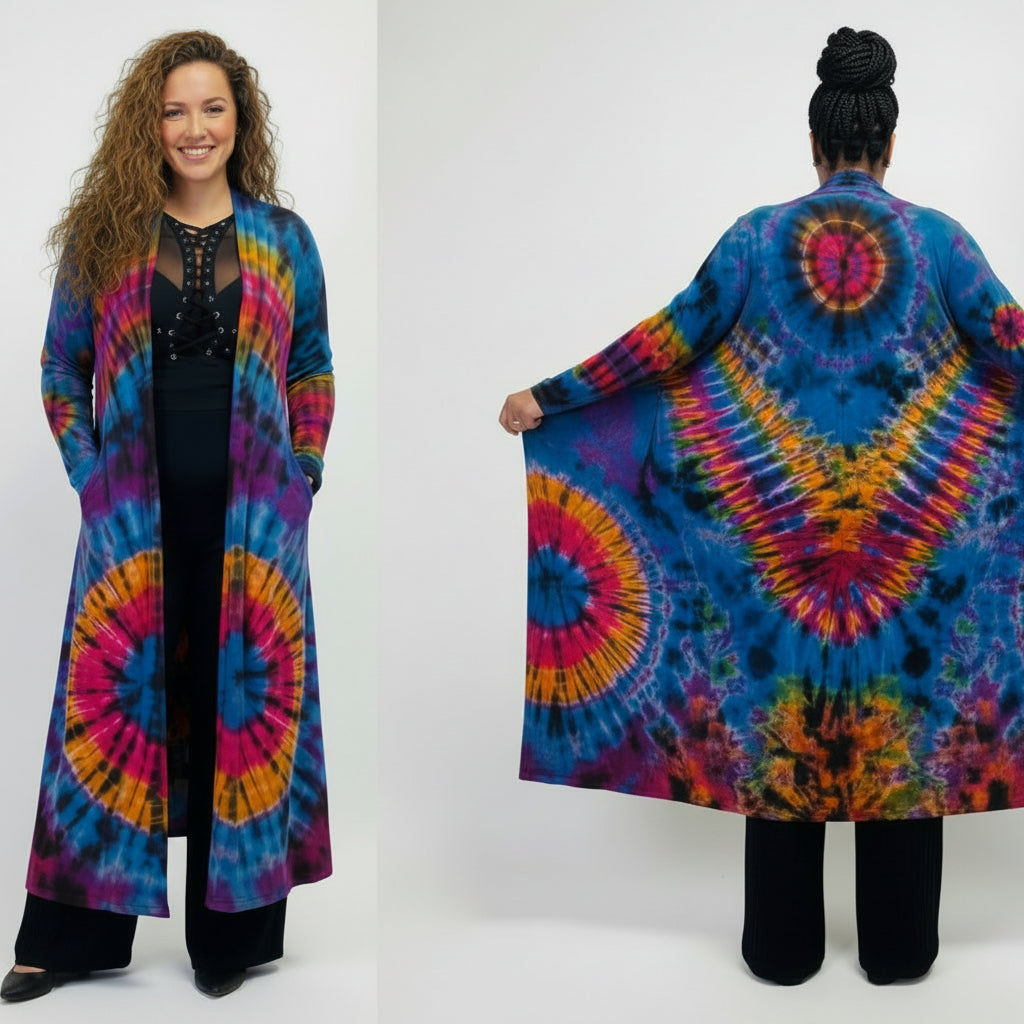 Person wearing a colorful tie-dye duster on a white background-Sanjules