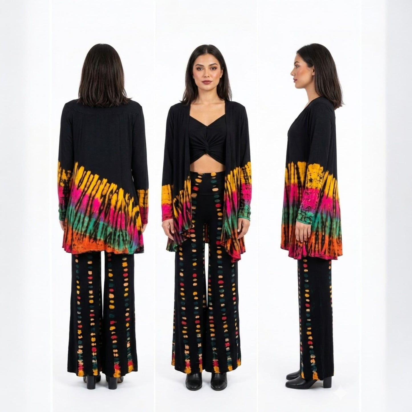 Woman wearing tie-dye jacket side, front and back of the jacket