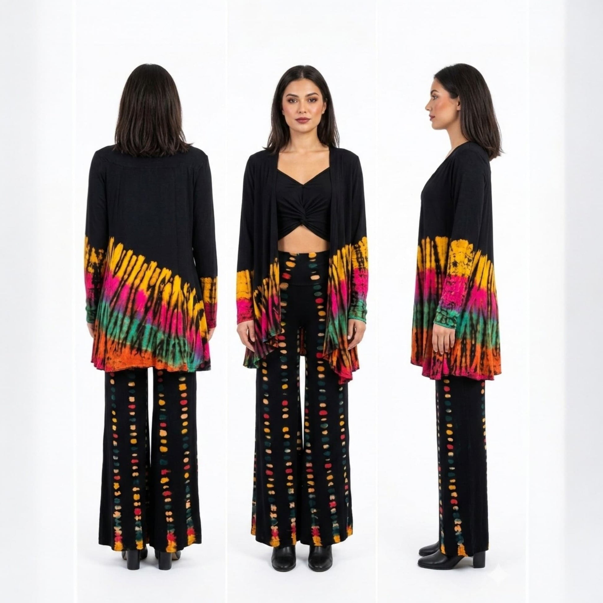 Woman wearing tie-dye jacket side, front and back of the jacket