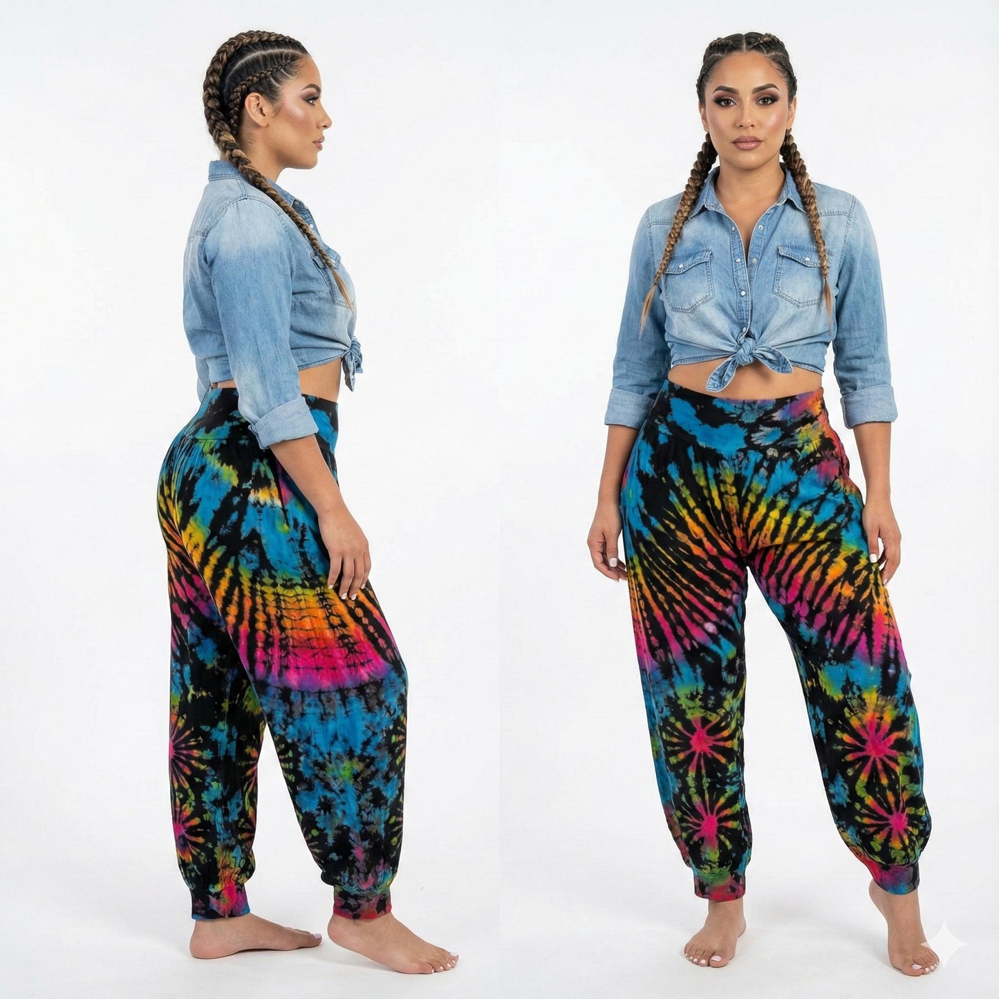 Two women wearing colorful tie-dye pants and a denim shirt on a white background