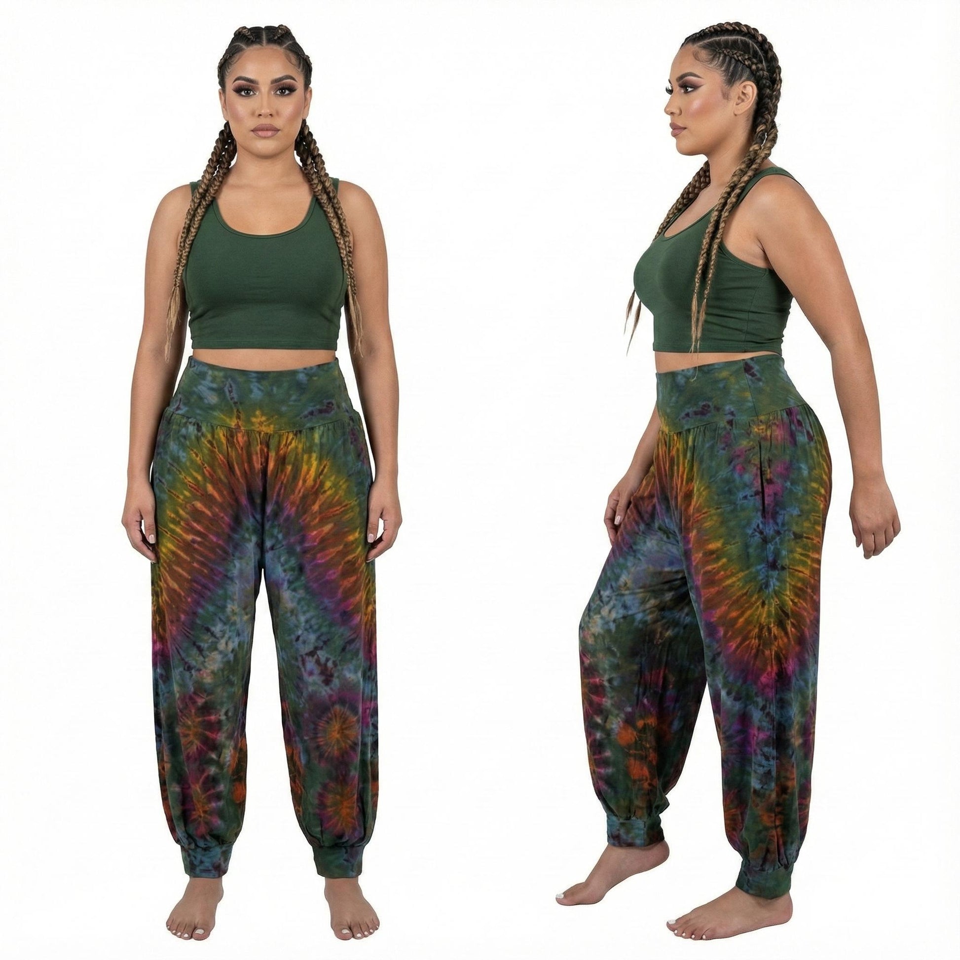 Woman wearing a green crop top and tie-dye joggers on a white background