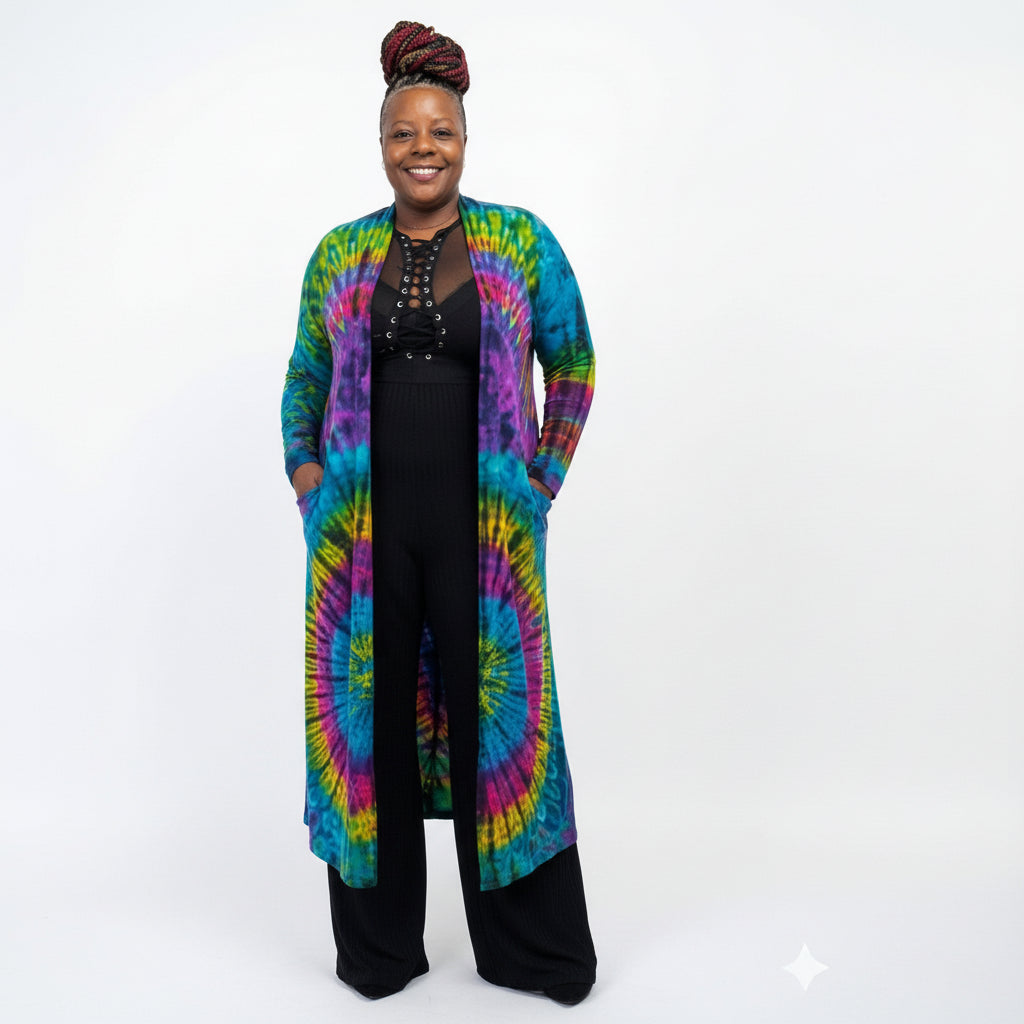 Person wearing a vibrant tie-dye duster on a white background-Sanjules