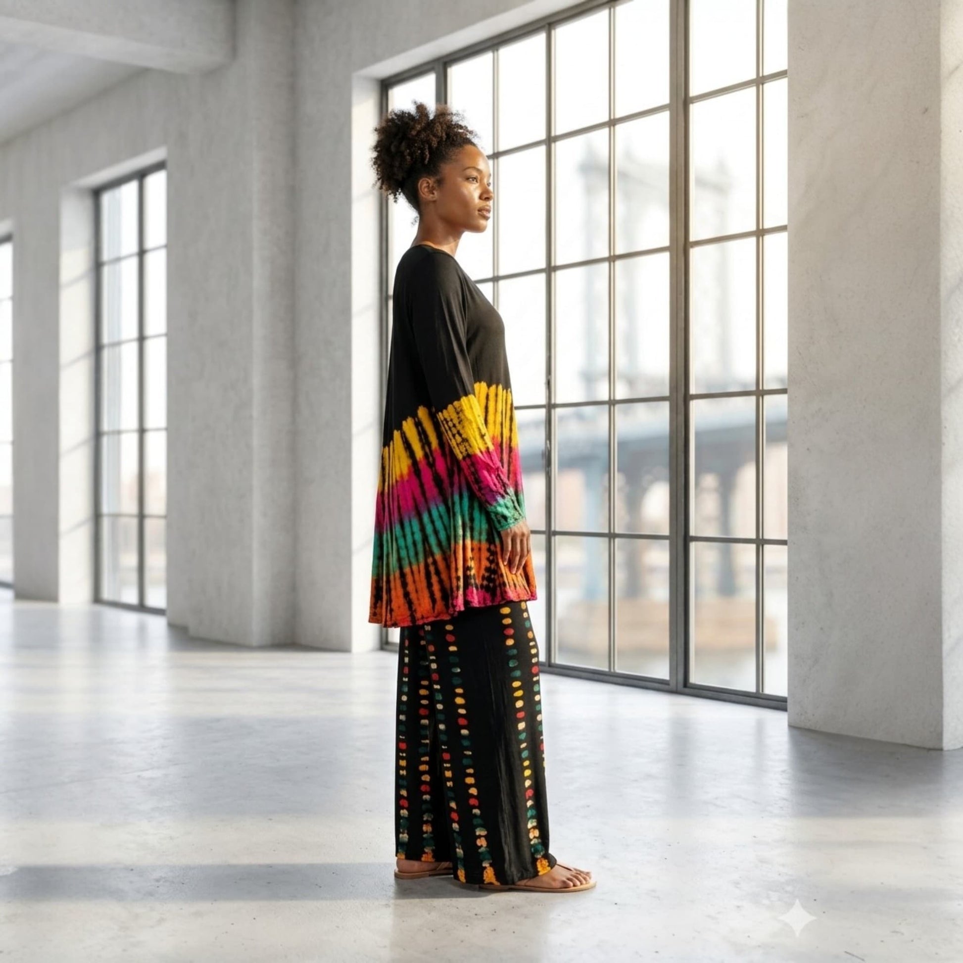 Person wearing a colorful tie-dye outfit in a large, bright room with large windows.