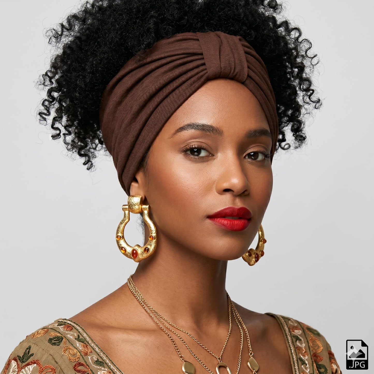 Woman wearing a brown headscarf, gold earrings, and jewelry on a gray background