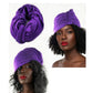 Purple turban displayed on a  woman against a white background