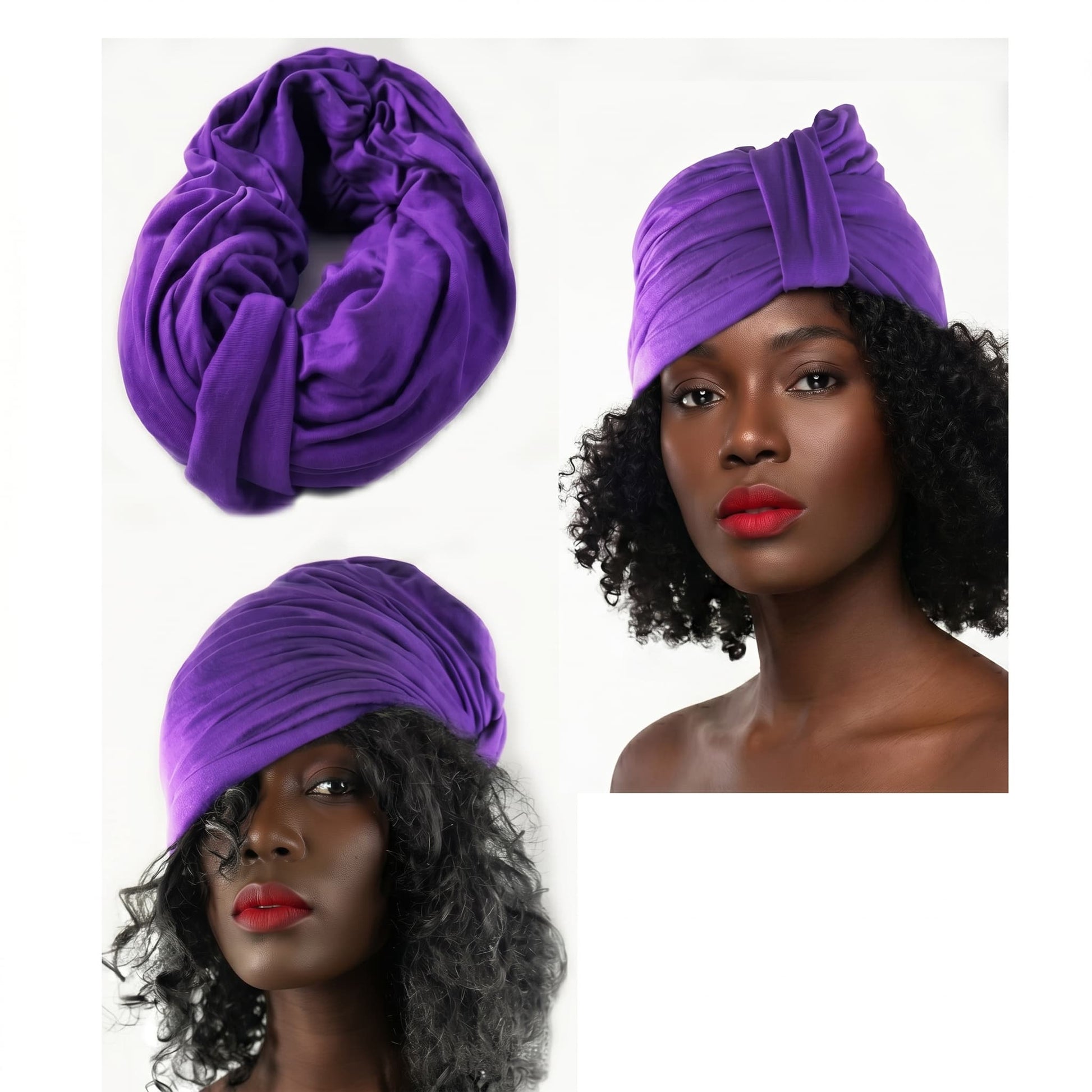 Purple turban displayed on a  woman against a white background