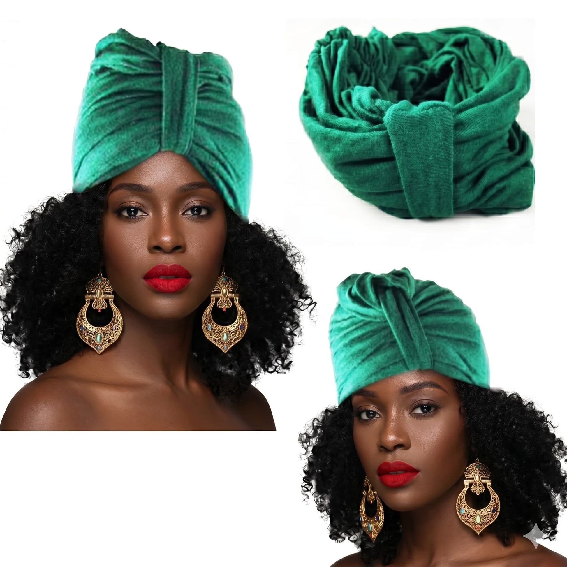 Green turban worn by a model with close-up of viscose turban and f on white background