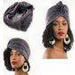 Gray turban shown on a white background with a model wearing it.