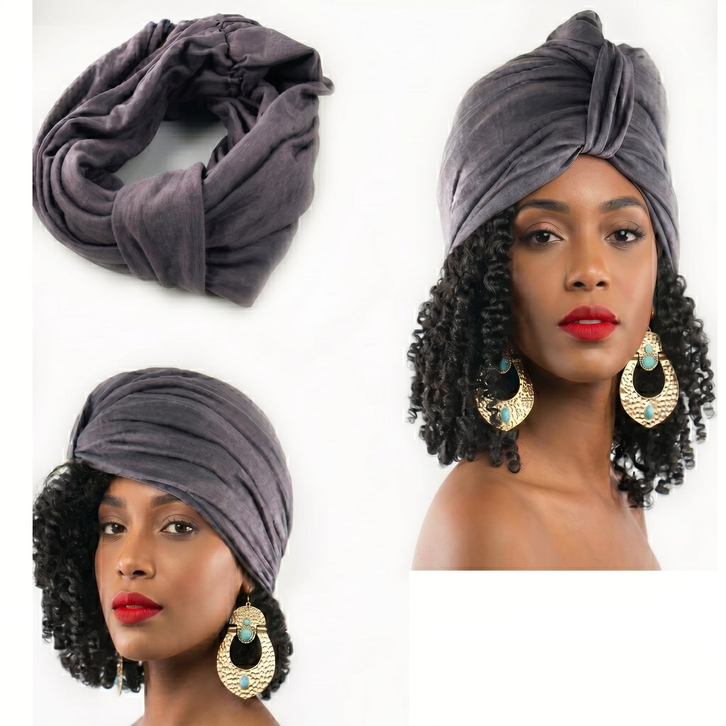 Gray turban shown on a white background with a model wearing it.
