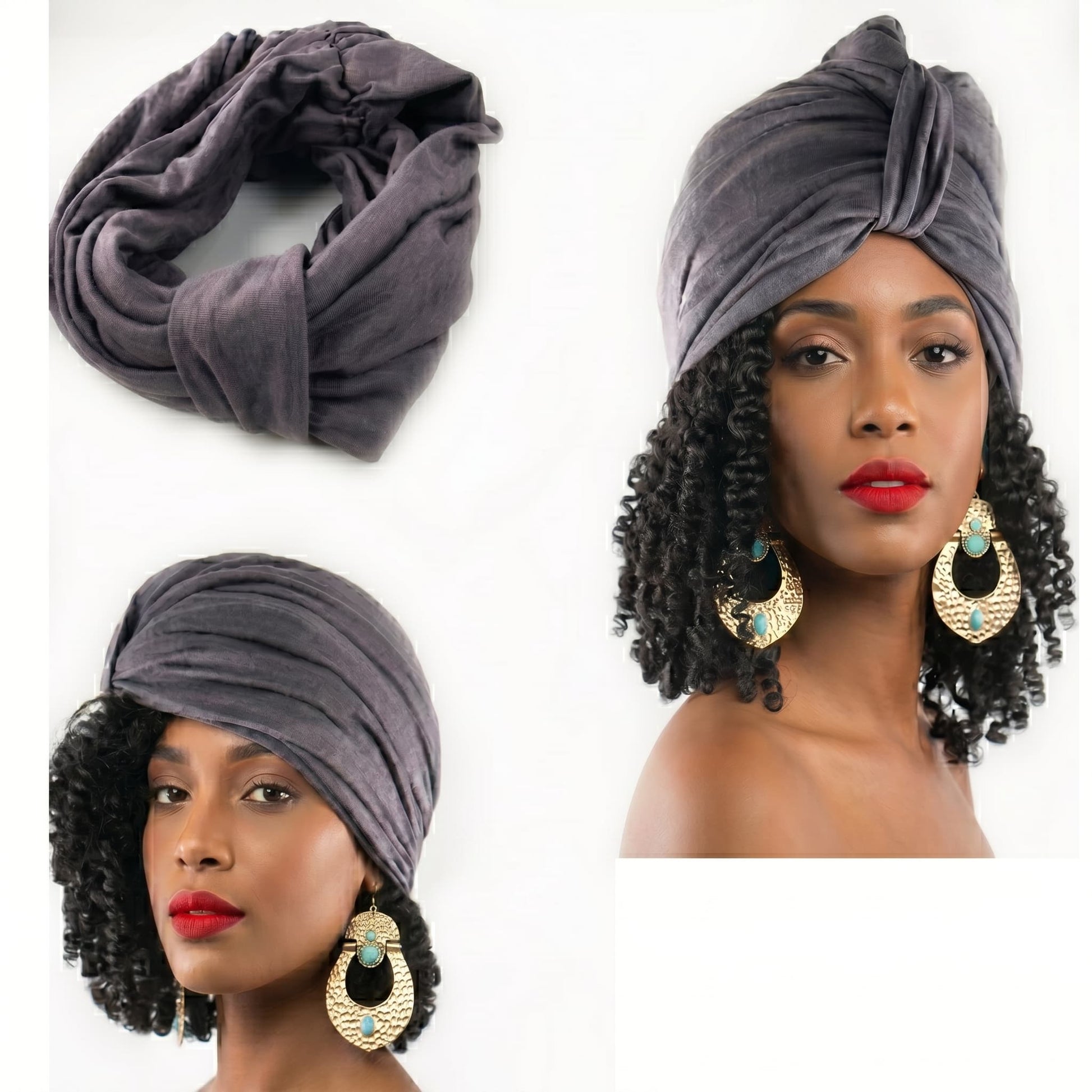 Gray turban shown on a white background with a model wearing it.