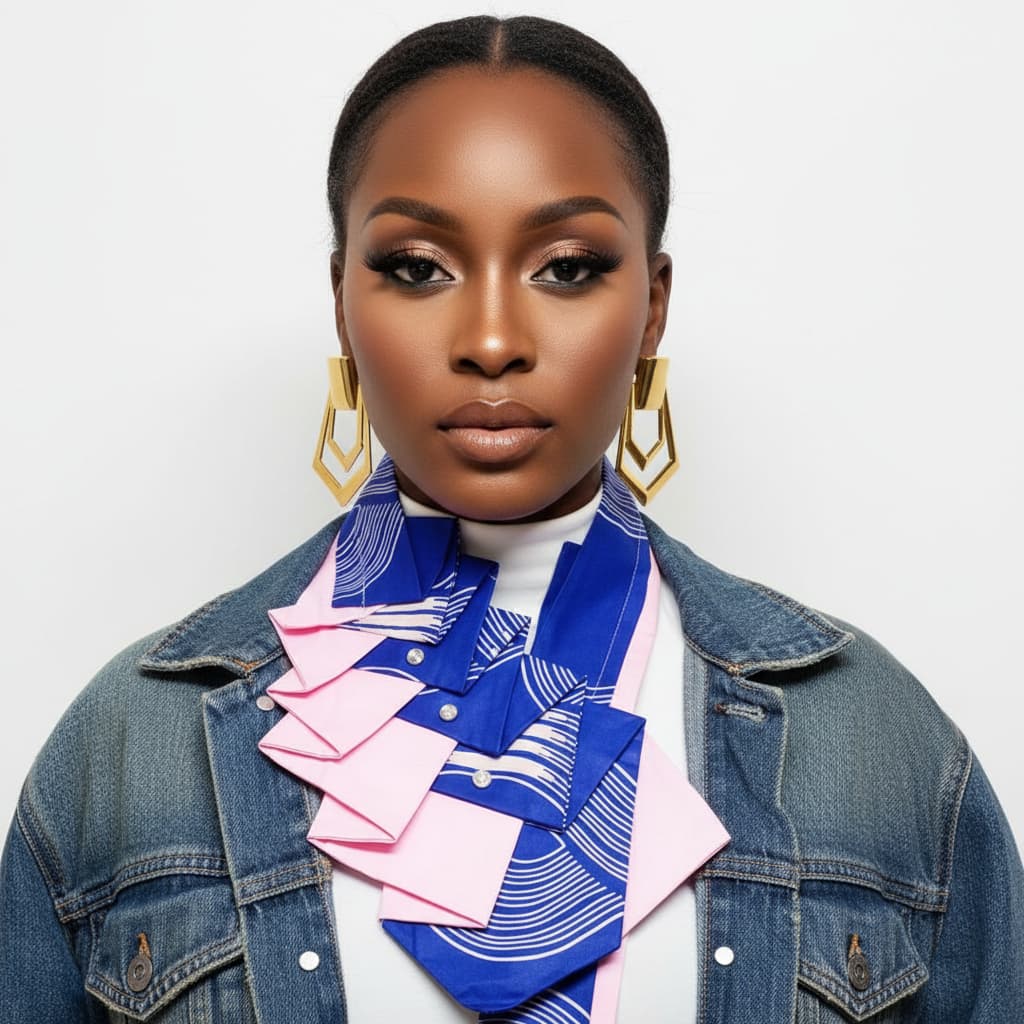 Woman wearing a colorful necktief and denim jacket on a white background