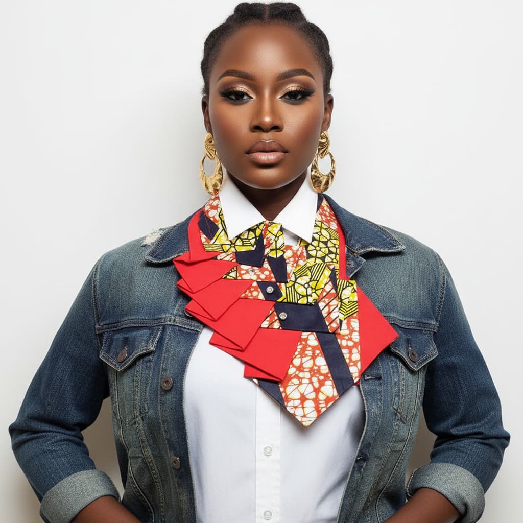 Woman wearing a colorful necktie with a denim jacket on a white background