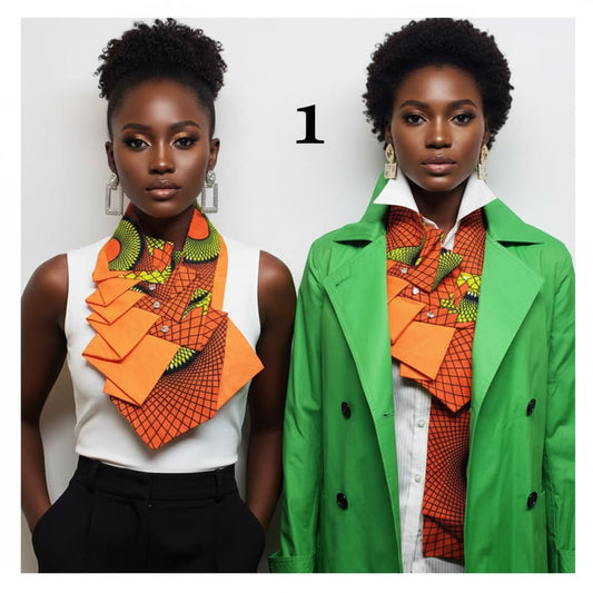 Two outfits worn by a model with an orange and green patterned neck tie and coat.