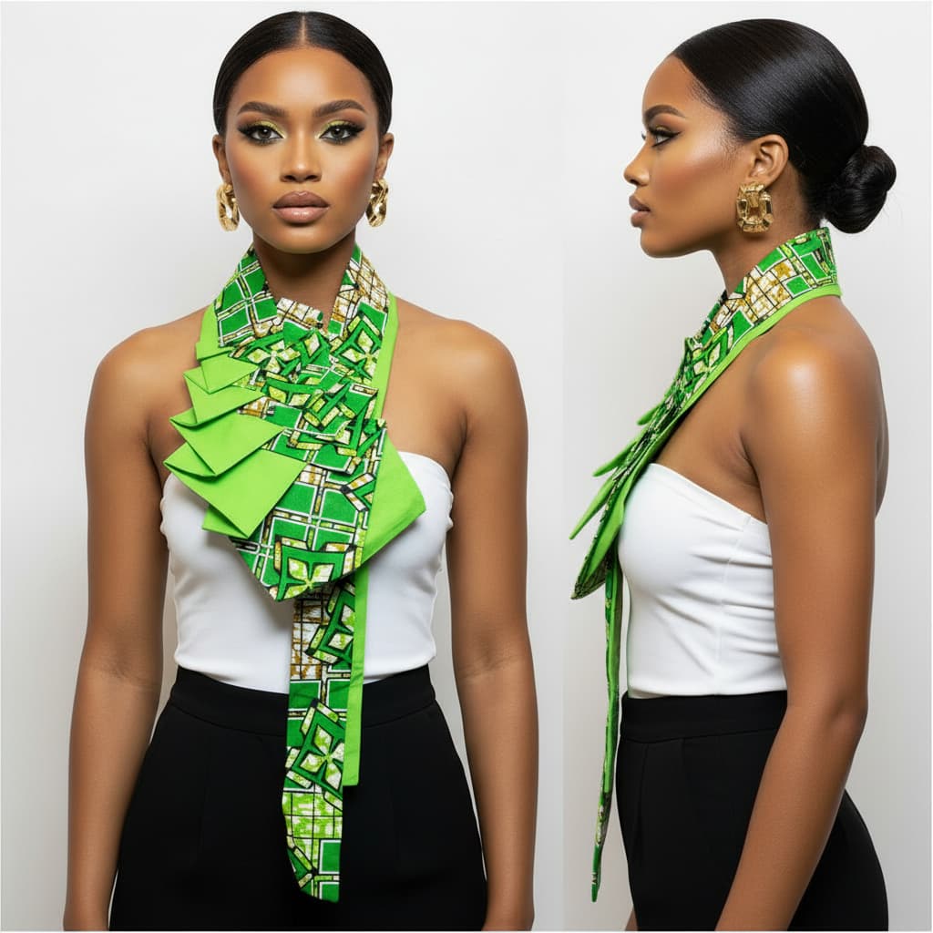 Woman wearing a green patterned necktie around her neck against a white background