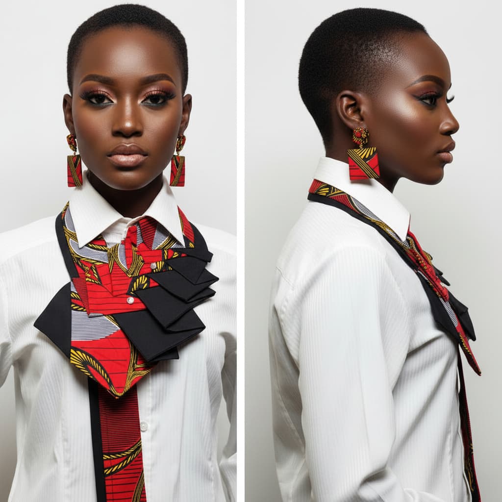 Woman wearing a white shirt with a colorful neck tie and earrings on a light gray background